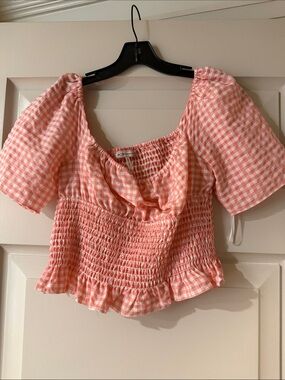 BCBGeneration Pink Gingham Smocked Puff Sleeve Crop Top